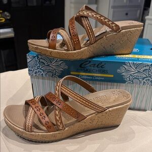 Skechers Brown Leather-Look Cork Wedge Sandals